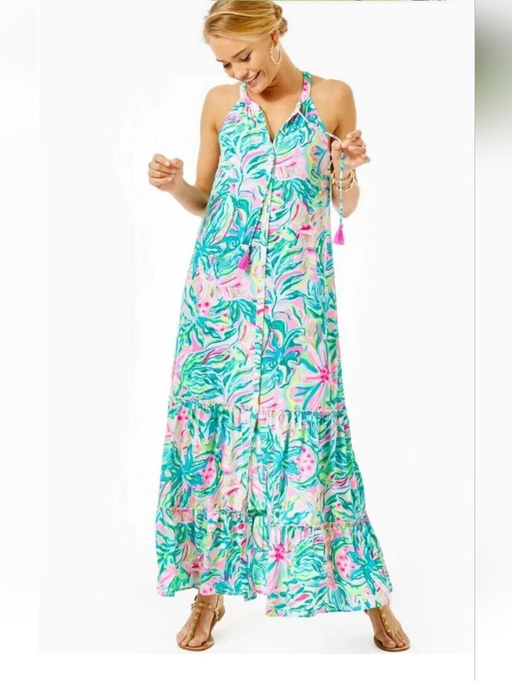 LILLY PULITZER SIZE LARGE LULIANA TIERED MAXI DRESS  ONE IN A MELON NWOT